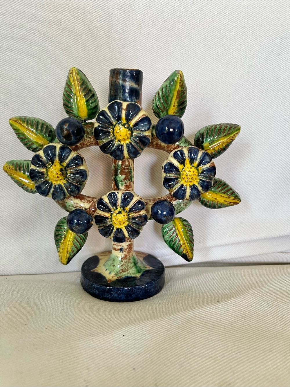 vintage Mexican Folk Art "Tree of Life" (Árbol de la Vida) ceramic 6” candelabra